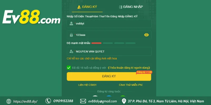 Hướng dẫn đăng ký Ev88 - nhanh, bảo mật, thành công 100% 10 Nhấn nút “Đăng ký” để tạo tài khoản