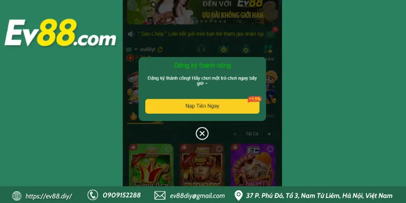 Hướng dẫn đăng ký Ev88 - nhanh, bảo mật, thành công 100% 11 Thông báo đăng ký thành công